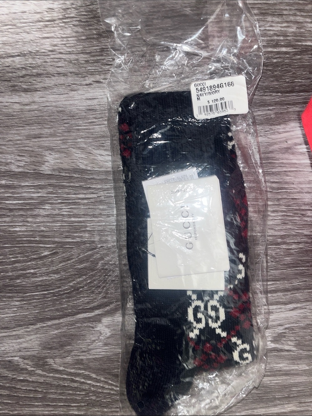Gucci Black Wool Blend Crew Socks with Red & White GG Pattern